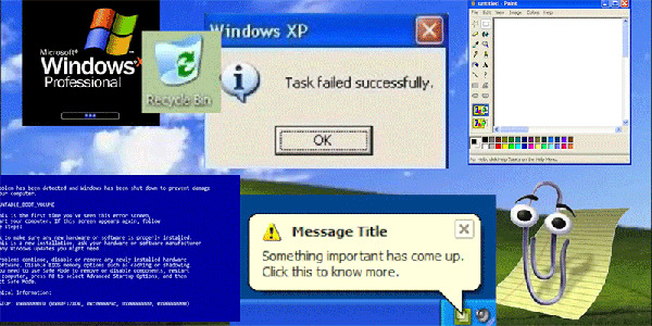 animated GIF of Windows dialog boxes over a Windows XP background
